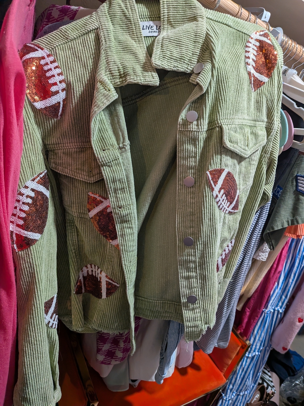 Live Love Olive Corduroy Jacket with Sequin Football Appliqués -Game Day